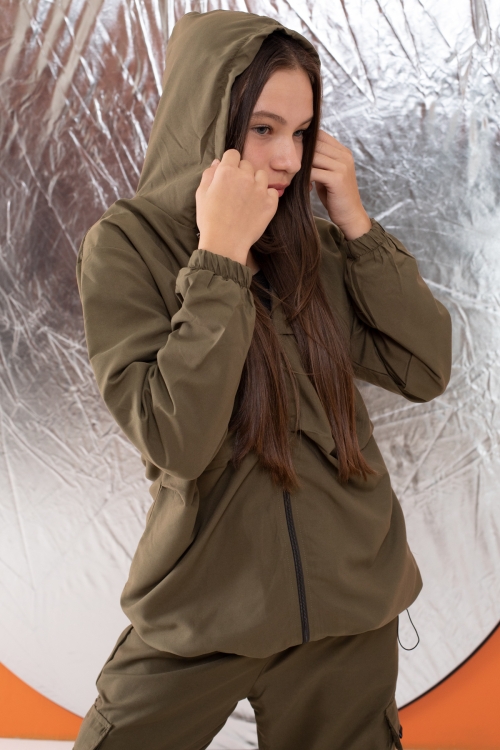 Haki Kapüşonlu Hırkalı Kız Çocuk Paraşüt Eşofman Takımı 19531