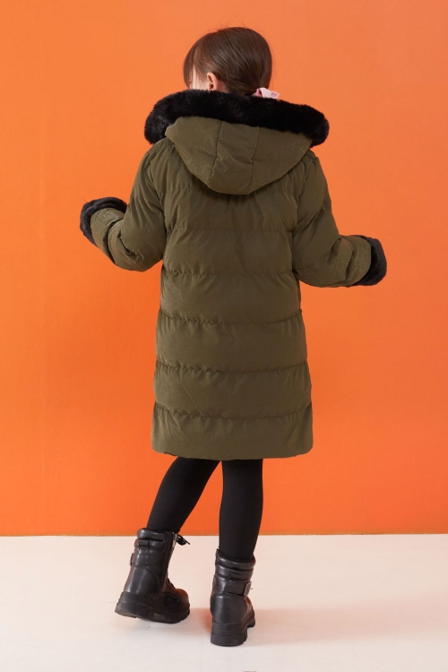 Haki Kolu Kürk Detaylı Kapüşonlu Kız Çocuk Şişme Mont 19514