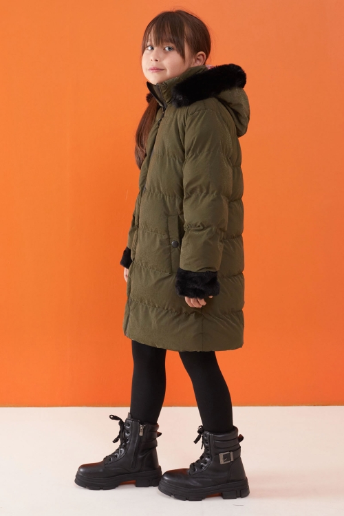 Haki Kolu Kürk Detaylı Kapüşonlu Kız Çocuk Şişme Mont 19514