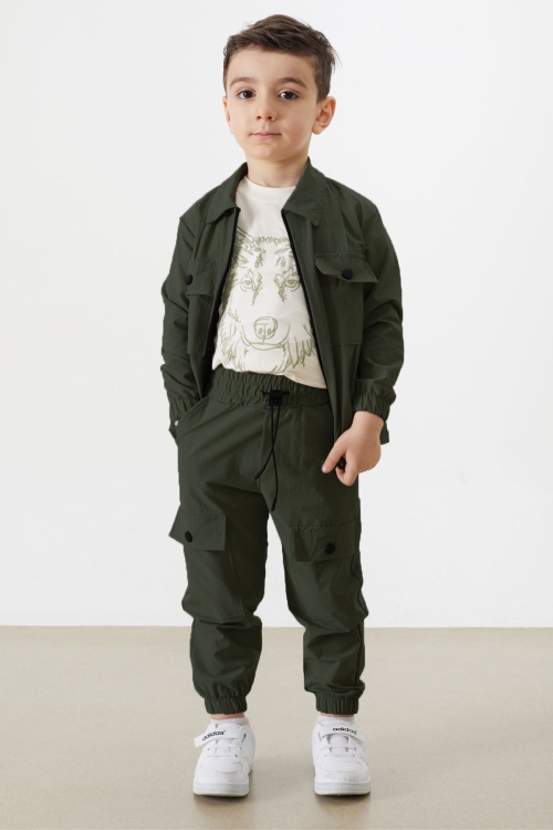 Haki Kurt Nakışlı Tişörtlü Ceket ve Pantolonlu Erkek Çocuk Paraşüt Takım 19806