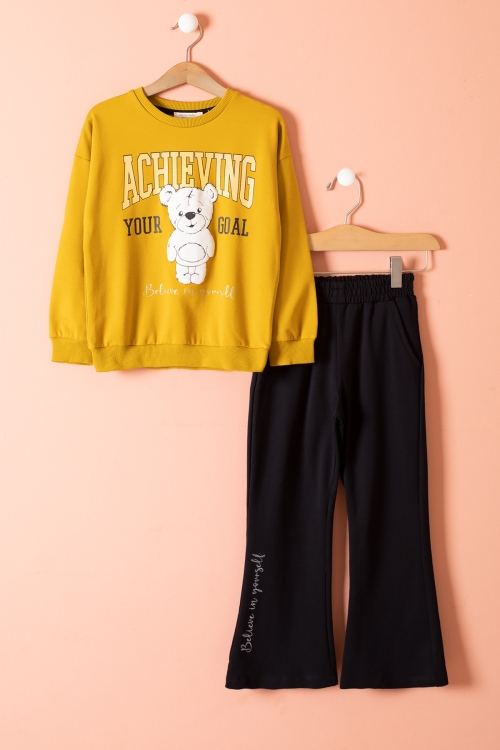 Hardal Ayıcık Baskılı İspanyol Paça Pantolonlu Kız Çocuk Takım 18570