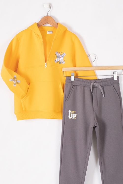Hardal Fermuarlı Yaka Kapüşonlu Erkek Çocuk Şardonlu Eşofman Takımı 19618