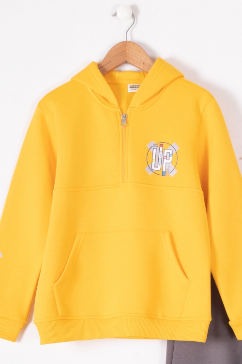 Hardal Fermuarlı Yaka Kapüşonlu Erkek Çocuk Şardonlu Eşofman Takımı 19618