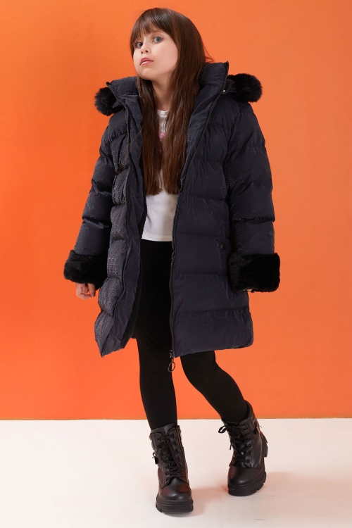 İndigo Kolu Kürk Detaylı Kapüşonlu Kız Çocuk Şişme Mont 19521