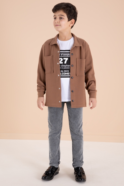 Kahve Armalı Gömlekli Jean Pantolonlu Erkek Çocuk 3lü Takım 19993