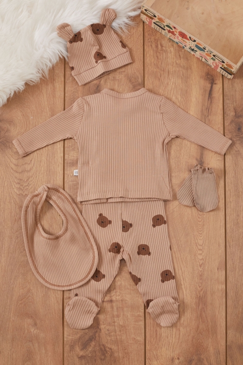 Kahve Ayıcık Baskılı Önlüklü Erkek Bebek 5li Hastane Çıkışı 19466