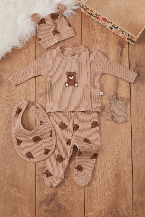 Kahve Ayıcık Baskılı Önlüklü Erkek Bebek 5li Hastane Çıkışı 19466