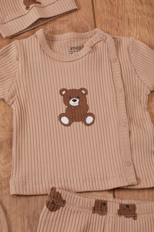 Kahve Ayıcık Baskılı Önlüklü Erkek Bebek 5li Hastane Çıkışı 19466