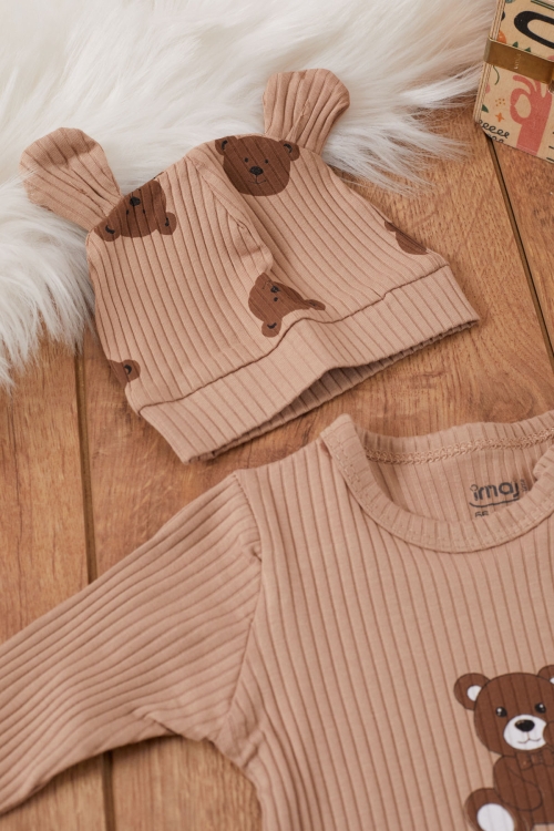 Kahve Ayıcık Baskılı Önlüklü Erkek Bebek 5li Hastane Çıkışı 19466