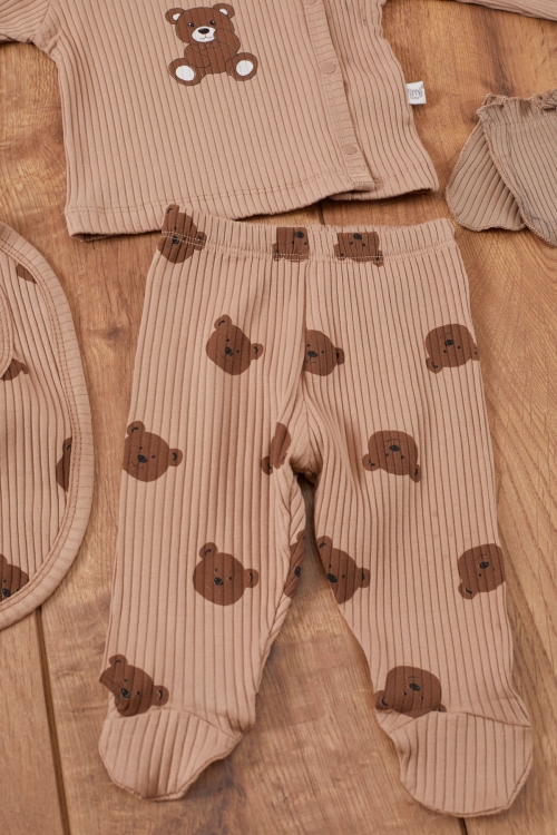 Kahve Ayıcık Baskılı Önlüklü Erkek Bebek 5li Hastane Çıkışı 19466