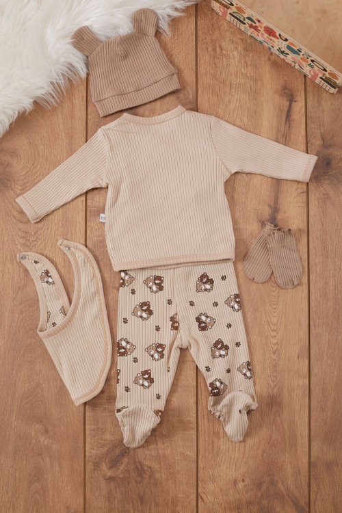 Kahve Ayıcık Desenli Erkek Bebek 5 Parça Hastane Çıkışı Seti 19460