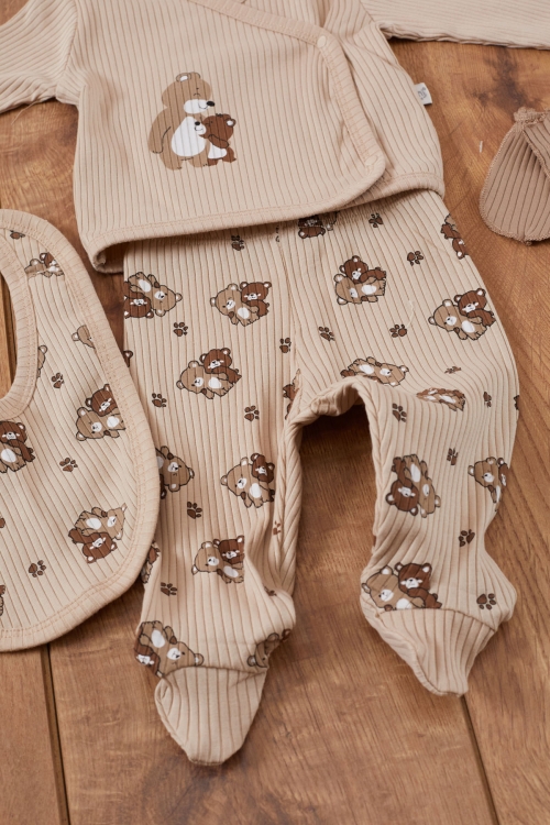 Kahve Ayıcık Desenli Erkek Bebek 5 Parça Hastane Çıkışı Seti 19460