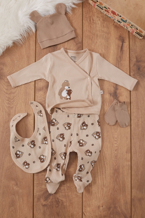 Kahve Ayıcık Desenli Erkek Bebek 5 Parça Hastane Çıkışı Seti 19460