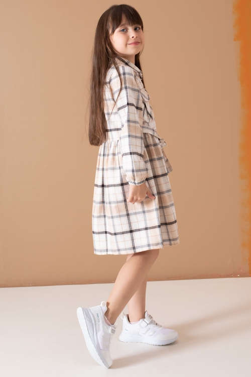 Kahve Çizgi Desenli Kuşaklı Uzun Kol Kız Çocuk Elbise 19689