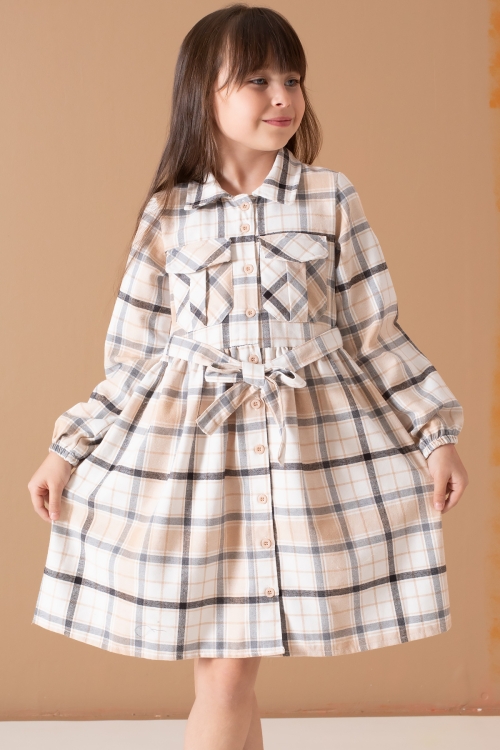 Kahve Çizgi Desenli Kuşaklı Uzun Kol Kız Çocuk Elbise 19689