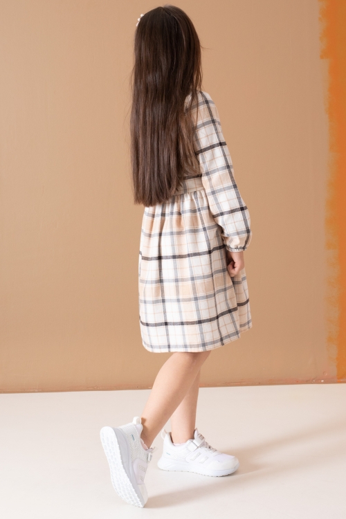 Kahve Çizgi Desenli Kuşaklı Uzun Kol Kız Çocuk Elbise 19689