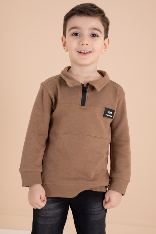 Kahve Fermuar Yakalı Sweatshirt ve Jean Pantolonlu Erkek Çocuk Takım 20108