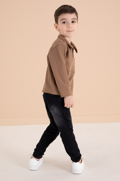 Kahve Fermuar Yakalı Sweatshirt ve Jean Pantolonlu Erkek Çocuk Takım 20108