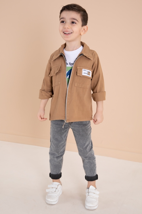 Kahve Fermuarlı Ceketli Tişörtlü Erkek Çocuk 3lü Alt Üst Takım 19964