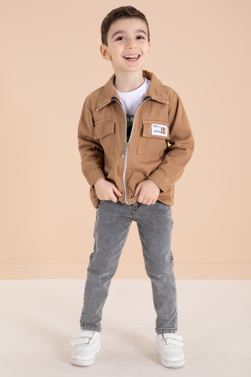 Kahve Fermuarlı Ceketli Tişörtlü Erkek Çocuk 3lü Alt Üst Takım 19964