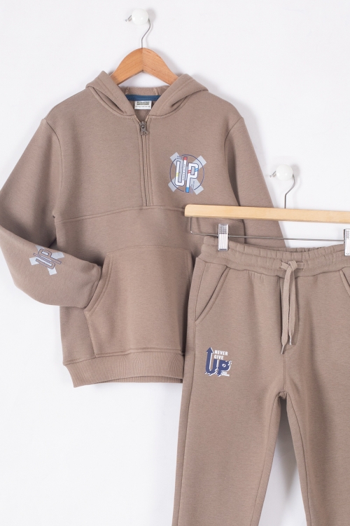 Kahve Fermuarlı Yaka Kapüşonlu Erkek Çocuk Şardonlu Eşofman Takımı 19617