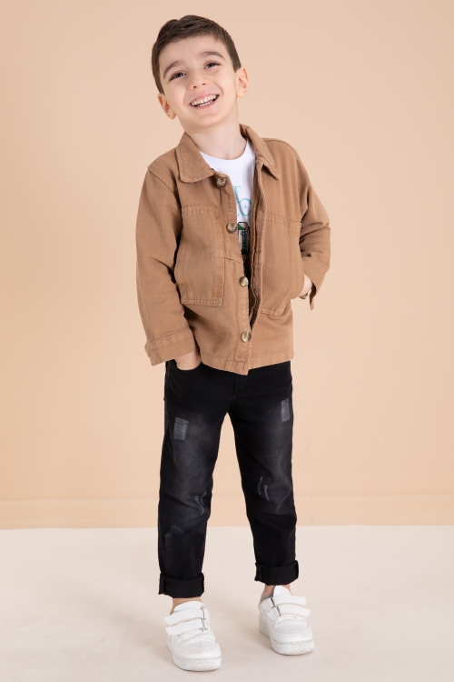 Kahve Jean Ceketli Pantolonlu Erkek Çocuk 3lü Takım 20013
