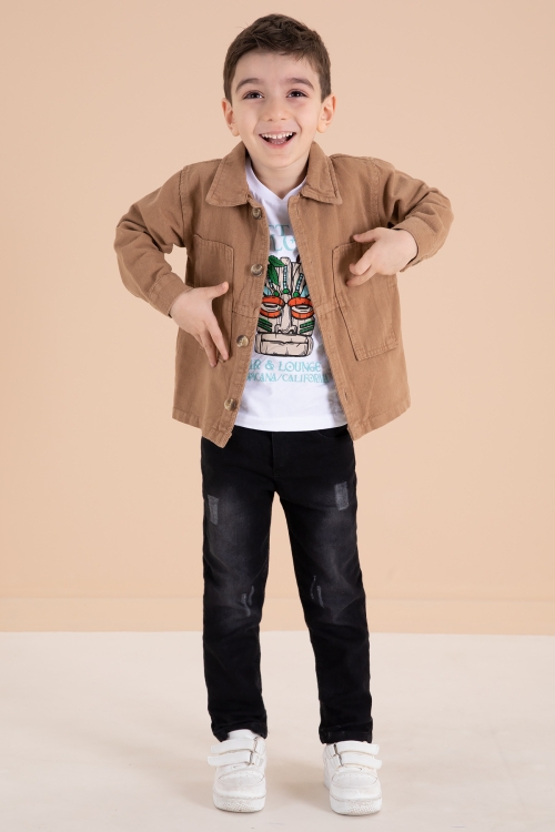Kahve Jean Ceketli Pantolonlu Erkek Çocuk 3lü Takım 20013