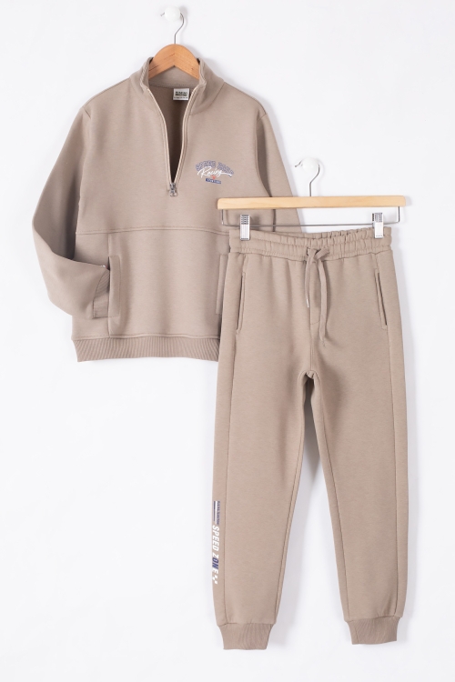 Kahve Kanguru Cepli Fermuar Yaka Erkek Çocuk Şardonlu Eşofman Takım 19614