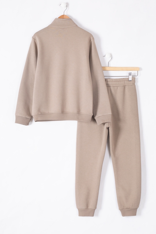 Kahve Kanguru Cepli Fermuar Yaka Erkek Çocuk Şardonlu Eşofman Takım 19614