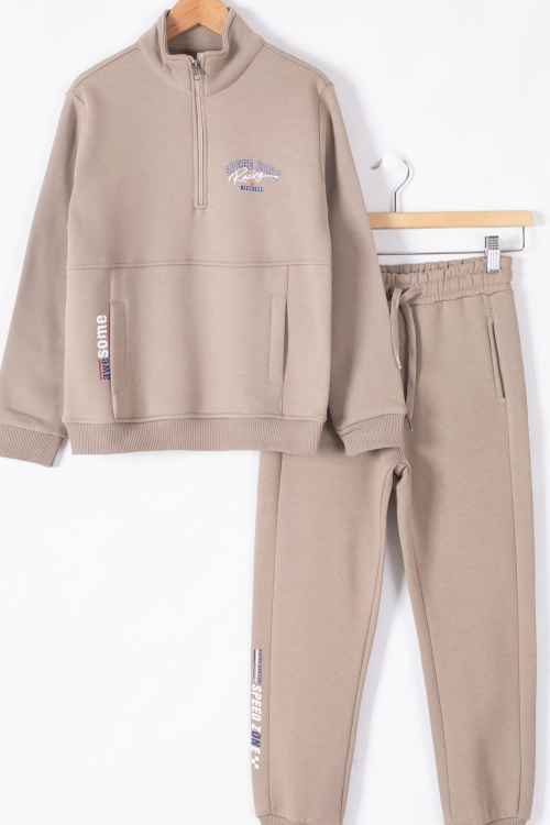 Kahve Kanguru Cepli Fermuar Yaka Erkek Çocuk Şardonlu Eşofman Takım 19614