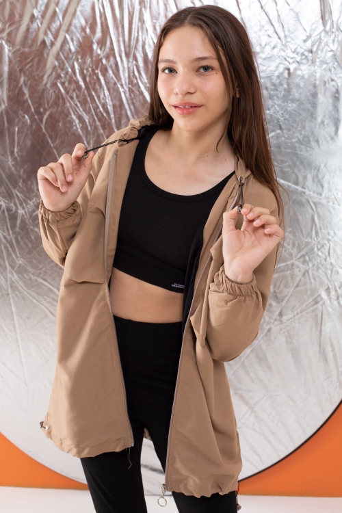 Kahve Kapüşonlu Fermuarlı Kız Çocuk Paraşüt Hırka 18499