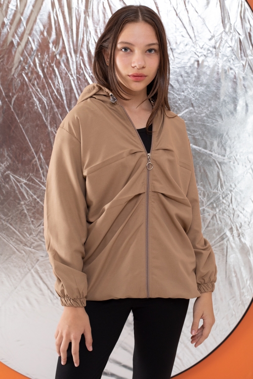 Kahve Kapüşonlu Fermuarlı Kız Çocuk Paraşüt Hırka 18499