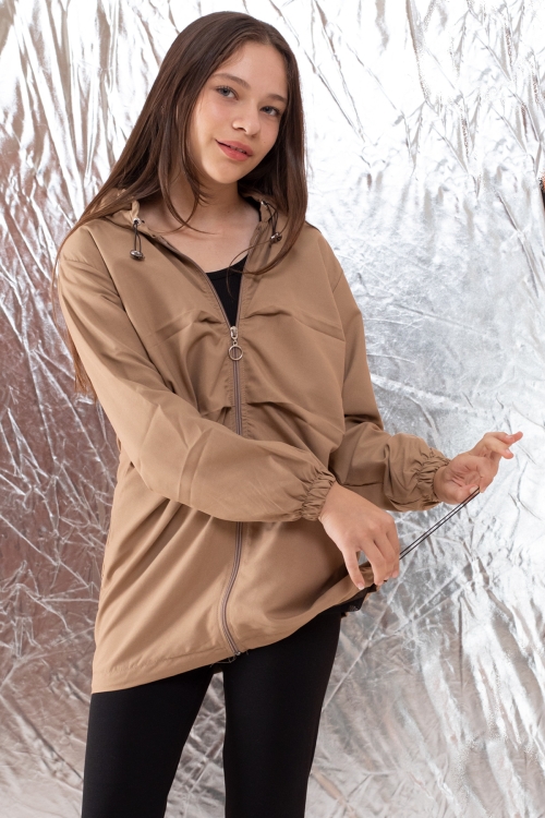 Kahve Kapüşonlu Fermuarlı Kız Çocuk Paraşüt Hırka 18499