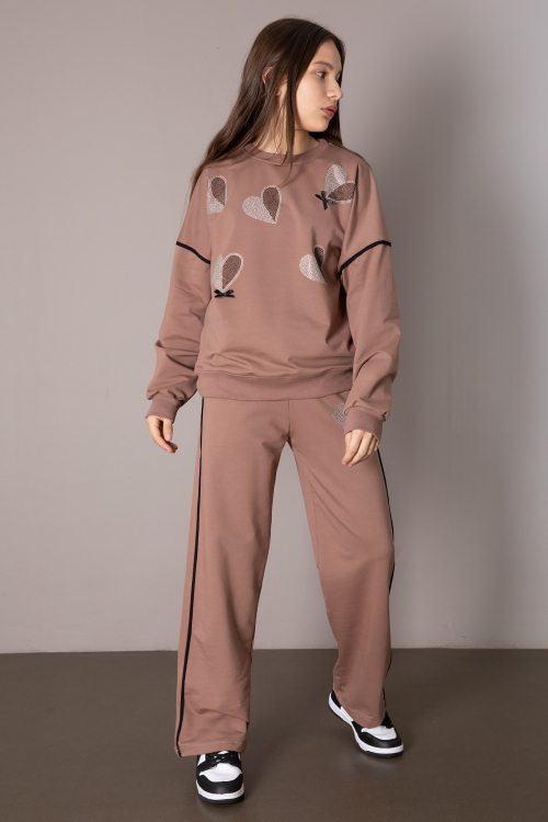 Kahve Kız Çocuk Kalp Desenli 2li Takım 19850