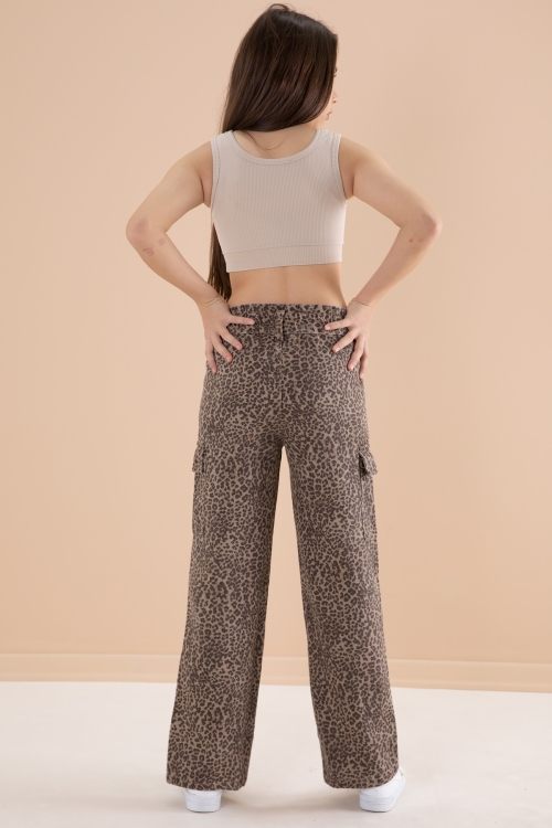 Kahve Leopar Desenli Geniş Paça Kız Çocuk Jean Pantolon 20143