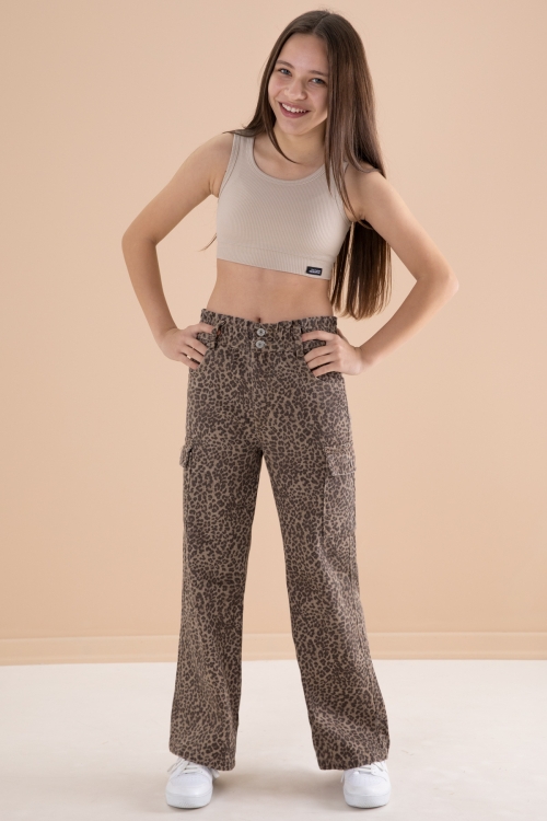 Kahve Leopar Desenli Geniş Paça Kız Çocuk Jean Pantolon 20143