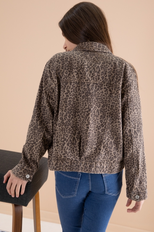 Kahve Leopar Desenli Kız Çocuk Düğmeli Jean Ceket 20144