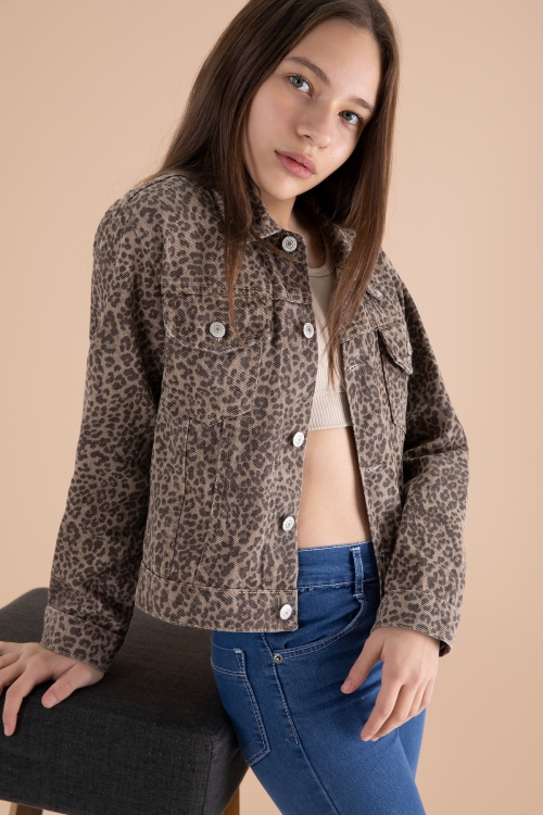 Kahve Leopar Desenli Kız Çocuk Düğmeli Jean Ceket 20144