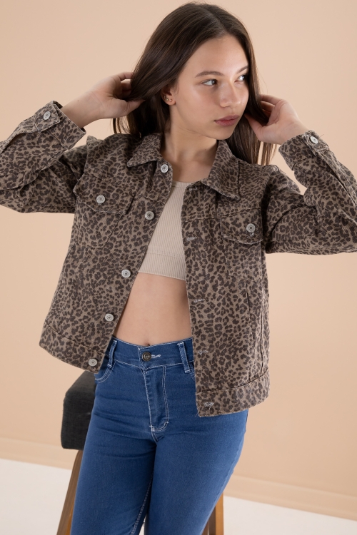 Kahve Leopar Desenli Kız Çocuk Düğmeli Jean Ceket 20144