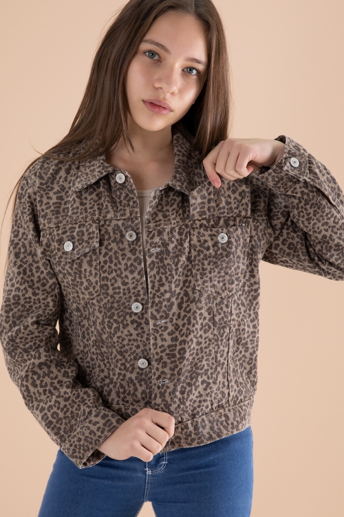 Kahve Leopar Desenli Kız Çocuk Düğmeli Jean Ceket 20144