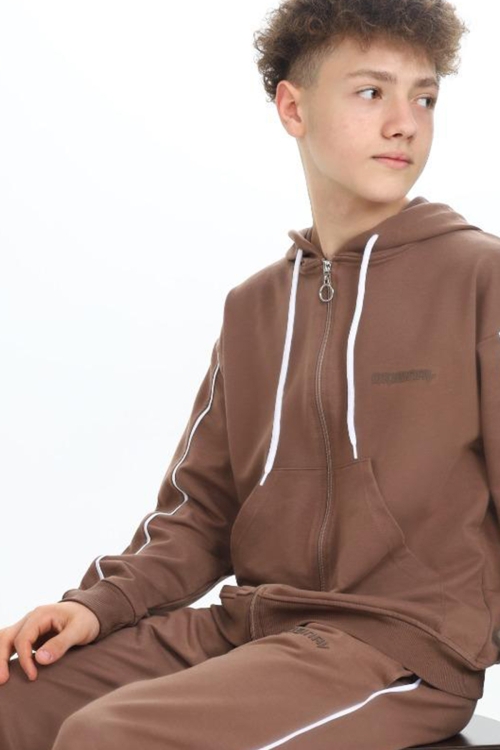 Kahve Original Yazılı Hırkalı Erkek Çocuk Eşofman Takımı 19484