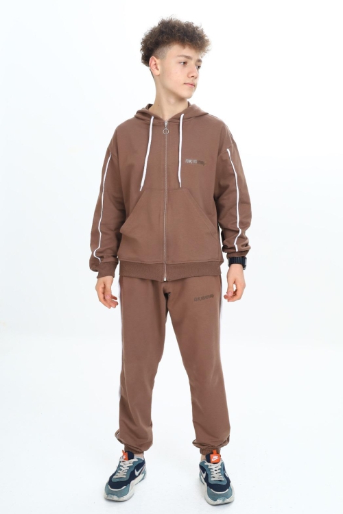 Kahve Original Yazılı Hırkalı Erkek Çocuk Eşofman Takımı 19484