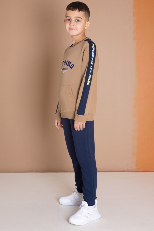 Kahve Şerit Yazı Baskılı Şardonlu Erkek Çocuk Eşofman Takımı 19607
