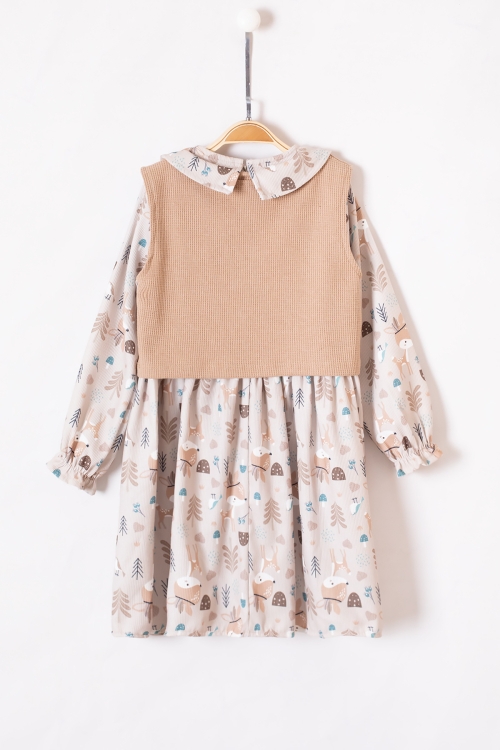 Kahve Sevimli Desenli Süveterli Kız Çocuk Elbise 19548