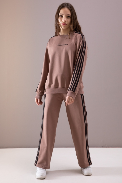 Kahve Yanları Şeritli Geniş Paça Kız Eşofman Takımı 19873