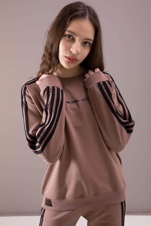 Kahve Yanları Şeritli Geniş Paça Kız Eşofman Takımı 19873