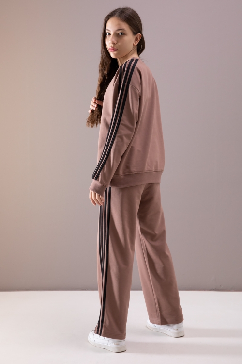 Kahve Yanları Şeritli Geniş Paça Kız Eşofman Takımı 19873