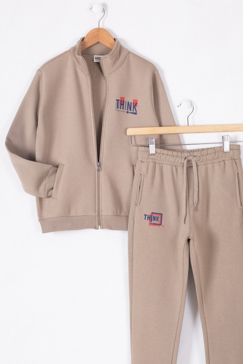 Kahve Yazı Baskılı Hırkalı Erkek Çocuk Şardonlu Eşofman Takımı 19628