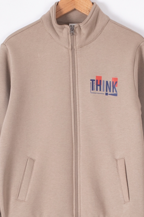 Kahve Yazı Baskılı Hırkalı Erkek Çocuk Şardonlu Eşofman Takımı 19628