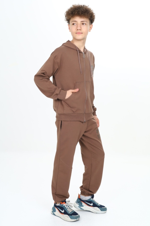 Kahve Yazı Baskılı Kapüşonlu Hırkalı Erkek Çocuk Eşofman Takımı 19227